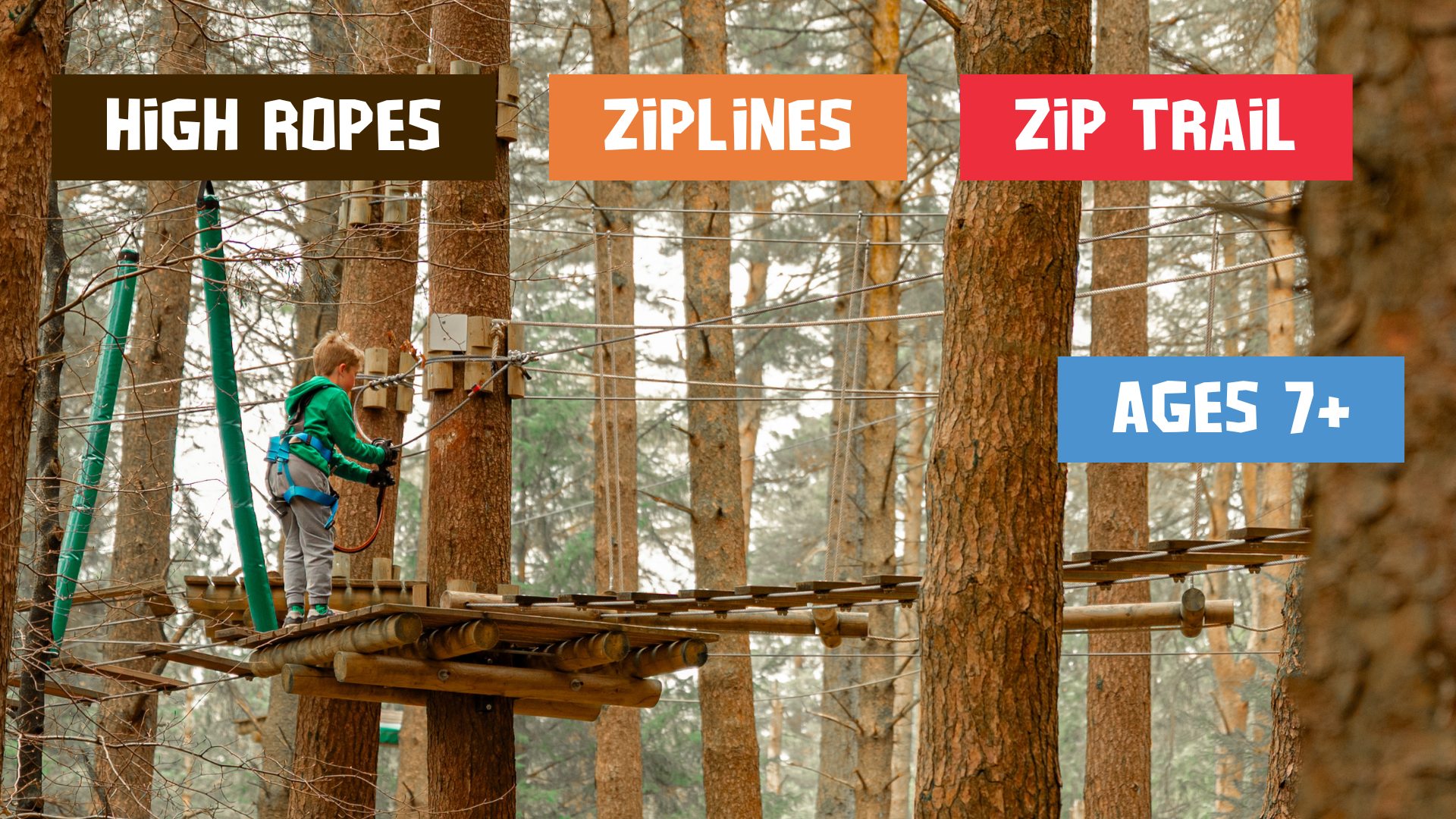 A child in safety gear stands on a high ropes course among Tibradden Wood Zipit trees. Signs label activities: High Ropes, Ziplines, Zip Trail, all designed for ages 7 and upwards.