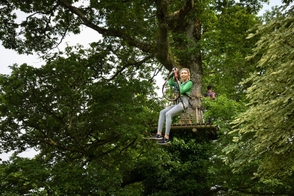 Perched on a makeshift wooden platform high in the trees of Lough Key Forest and Activity Park, a person grips a rope, enveloped by lush green foliage. It's an invigorating mid-term activity that immerses you in nature’s serene embrace.