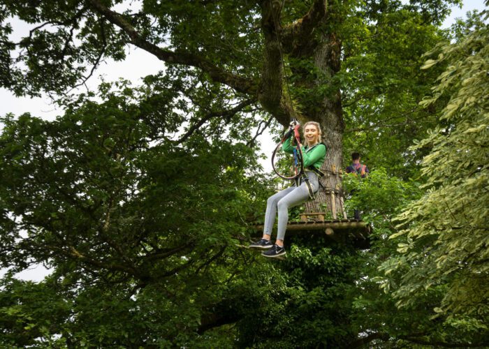 Perched on a makeshift wooden platform high in the trees of Lough Key Forest and Activity Park, a person grips a rope, enveloped by lush green foliage. It's an invigorating mid-term activity that immerses you in nature’s serene embrace.
