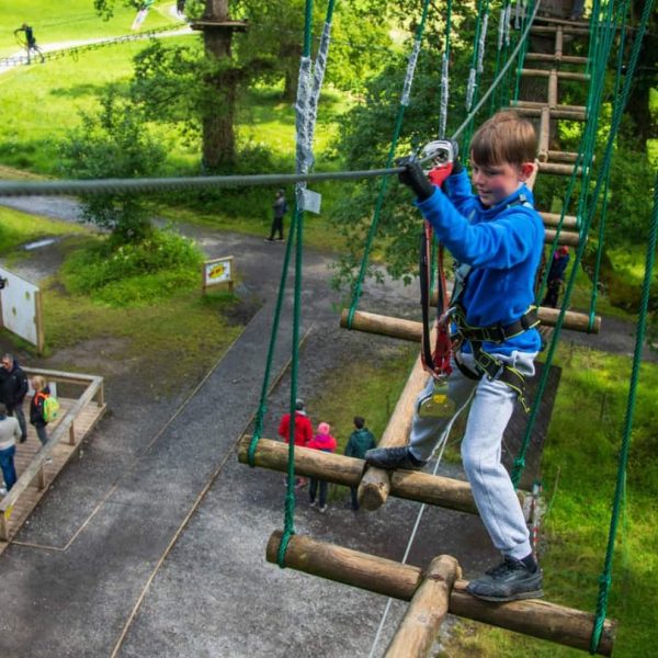 Child in a blue hoodie navigates a high ropes course in a park, balancing on wooden beams and using safety harnesses. Greenery and people are visible below.
