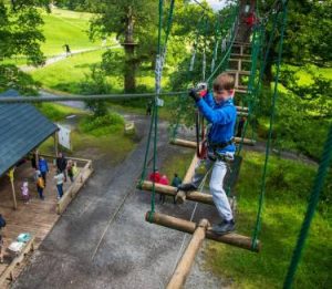 A child in a blue jacket navigates a rope course high above the ground, surrounded by trees and green landscape.