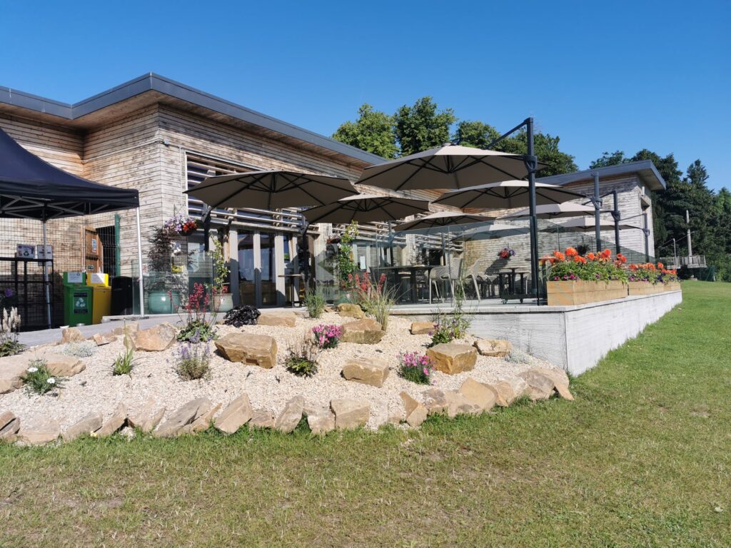 Outdoor cafe with tables and umbrellas on a sunny day in the charming local area near Lough Key. A garden with rocks and flowers graces the foreground, backed by a modern wooden building with glass accents, offering a serene escape worthy of any guide.