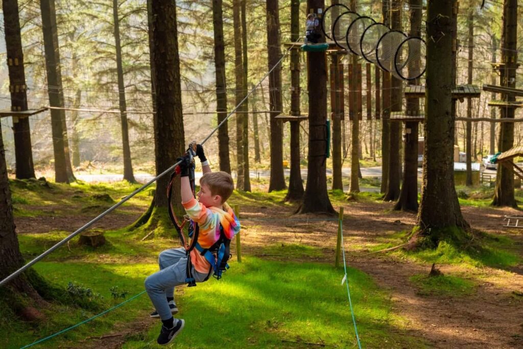 A child wearing a harness rides a zip line in a forest adventure park, surrounded by tall trees and grass.