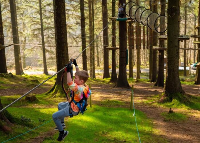 A child wearing a harness rides a zip line in a forest adventure park, surrounded by tall trees and grass.