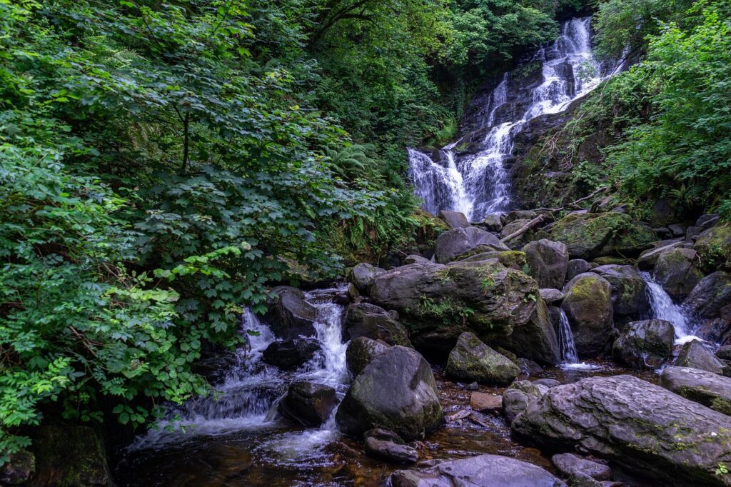 A cascading waterfall flows over rocks, surrounded by lush green trees and foliage—an idyllic spot for spring break adventures or serene outdoor escapes in the heart of nature.