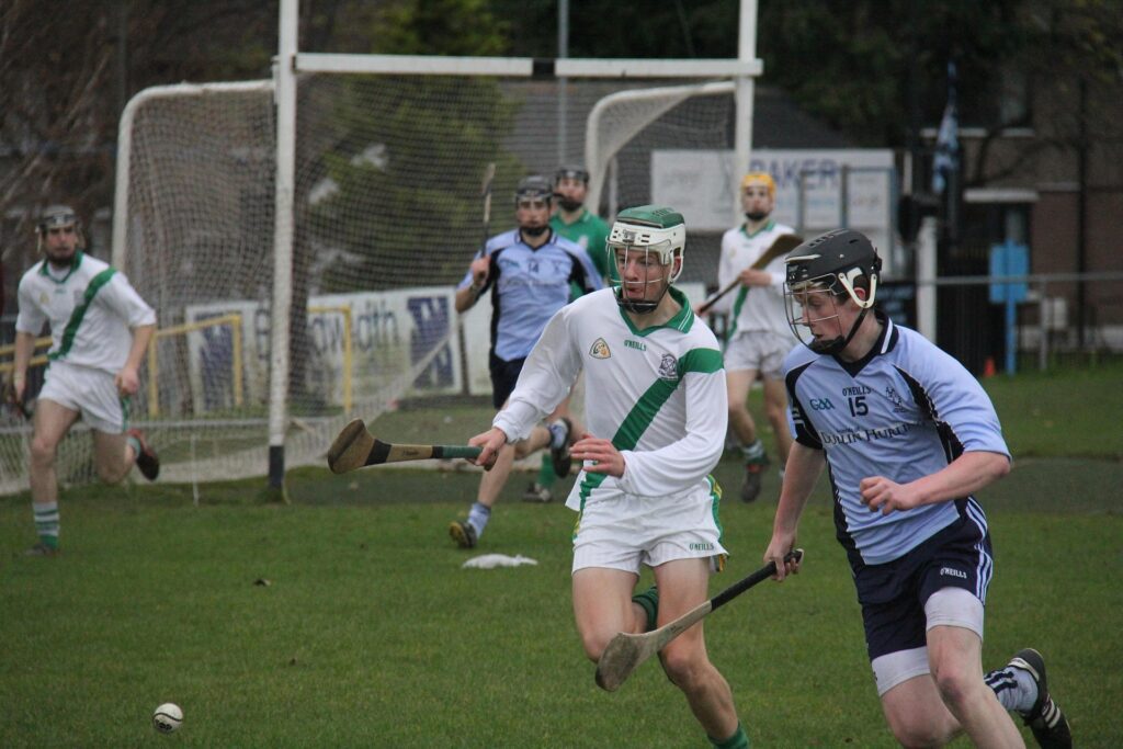Two hurling players chase a sliotar on a grassy field during summer adventures in Ireland, with other players and a goal net visible in the background.