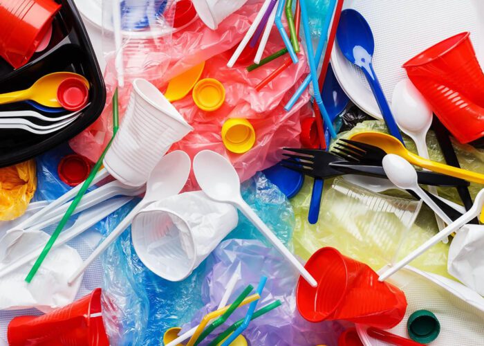 Assorted single-use plastic items, including cups, plates, cutlery, straws, and bottle caps, are scattered on colored plastic bags—highlighting the urgency for change by 2025 and reflecting on the spirit of World Environment Day.