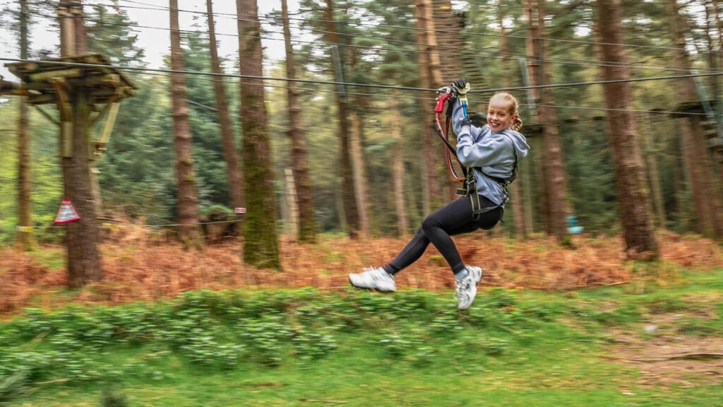 A person wearing safety gear rides a zip line through a forested area with tall trees and green grass, celebrating Summer Solstice Adventures on the Longest Day Ireland.