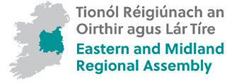 Logo of the Eastern and Midland Regional Assembly with text in Irish and English, and a map of Ireland highlighting the eastern and midland region in green.