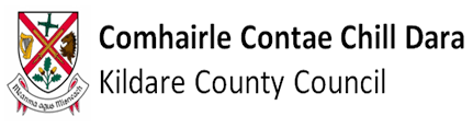 Kildare County Council logo featuring an Irish crest with symbols and bilingual text in Irish and English.