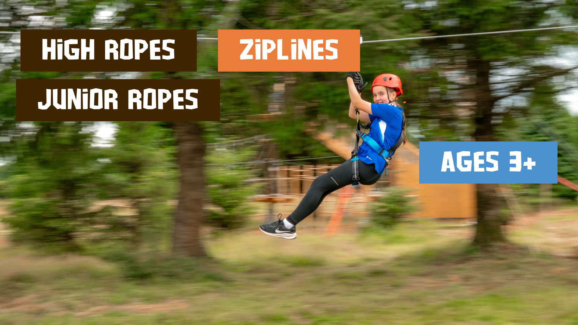 Child wearing a helmet and harness rides a zipwire outdoors in Kildare; text boxes read: High Ropes, Junior Ropes, Zipwires, Ages 3+.