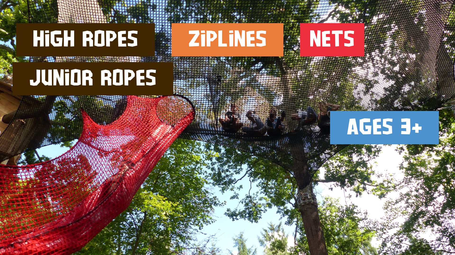 View of a treetop adventure park with rope nets, platforms, and trees; bold labels highlight high ropes, junior ropes, zip wires, nets, and suitable for ages 3 and up.